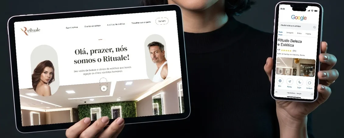 Tablet com o site de um salão de beleza e celular com o perfil dele no Google